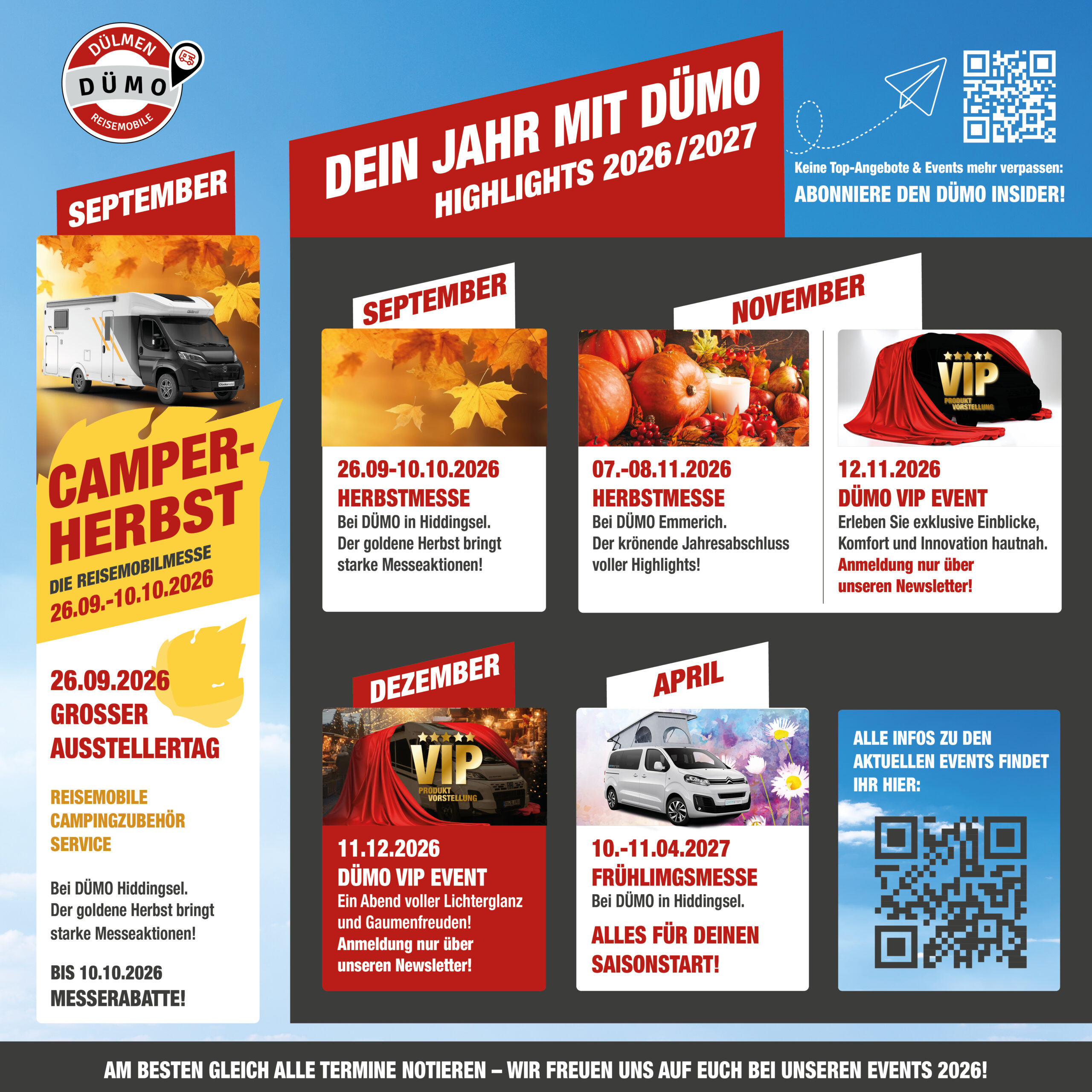 Grafischer Eventkalender von DÜMO Reisemobile mit Terminen für die Camper-Herbstmesse (26.09.–10.10.2026), Herbstmessen in Hiddingsel und Emmerich, VIP-Events im November und Dezember 2026 sowie der Frühlingsmesse am 10.–11.04.2027. Enthält Bilder von Reisemobilen, Herbstmotiven und QR-Codes für weitere Informationen.