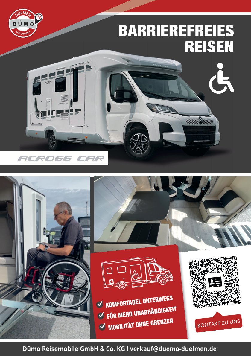 Barrierefreies ACROSS Wohnmobil mit Rollstuhl-Lift und großzügigem Innenraum. Besuchen Sie Dümo in Halle 11, Stand C04 auf dem Caravan Salon 2026 und informieren Sie sich über Reisen ohne Einschränkungen.