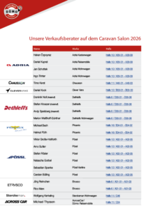 Übersicht der Dümo Verkaufsberater auf dem Caravan Salon 2026 mit Ansprechpartnern, Marken sowie den jeweiligen Hallen- und Standnummern auf dem Messegelände.