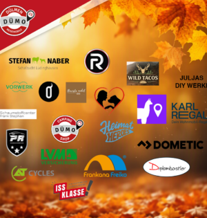 Werbeplakat zur Camper-Herbstmesse 2026 von DÜMO Reisemobile. Vor einem herbstlichen Hintergrund sind alle Logos der externen Aussteller für den 26.09. abgebildet. Die Grafik informiert über die Reisemobilmesse vom 26.09. bis 10.10.2026 sowie den großen Ausstellertag am 26.09.2026.