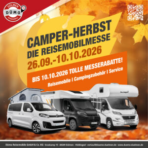 Werbegrafik zur Camper-Herbstmesse 2026 von Dümo Reisemobile. Herbstliches Design mit drei Fahrzeugen: Campervan, Reisemobil und Alkovenmobil. Hinweis auf Messeangebote und Rabatte bis zum 10.10.2026.